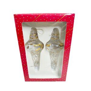 Dillards Trimming 8.5" Long Clear Glass & Gold Large Tree Ornaments Boxed EUC